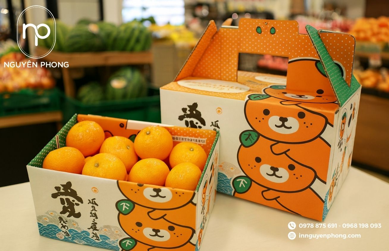 Thùng carton đựng quýt thiết kế quai cầm